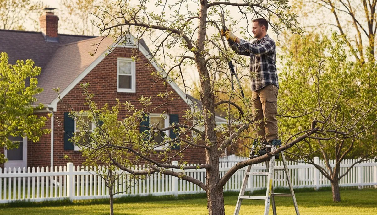 Arborist pruning fruit tree in Dayton OH backyard orchard for healthy growth and improved yield