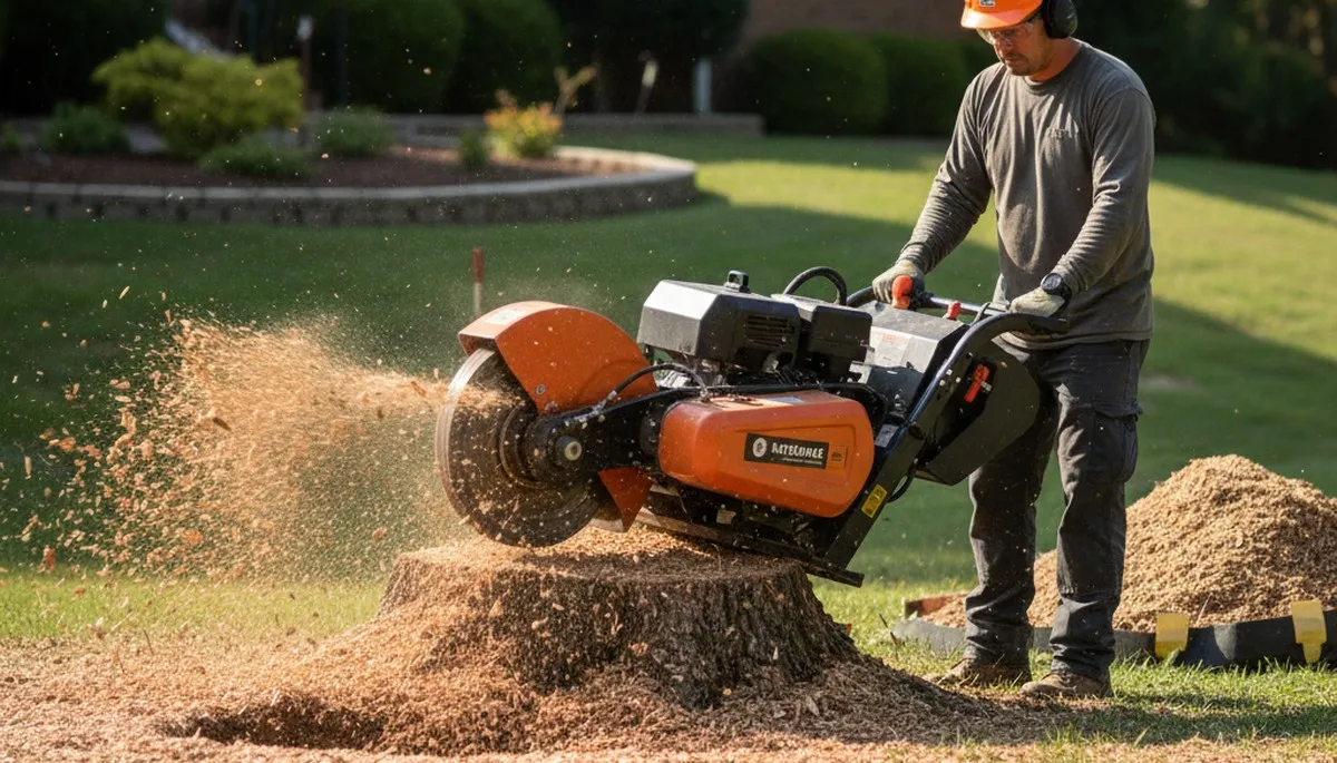Professional stump grinding removing tree stumps in Clayton, Dayton, OH yard for lawn restoration