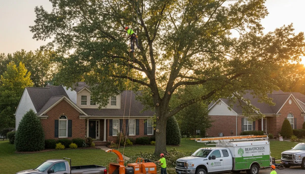 Professional tree removal service in Dayton, OH safely cutting and clearing large backyard tree