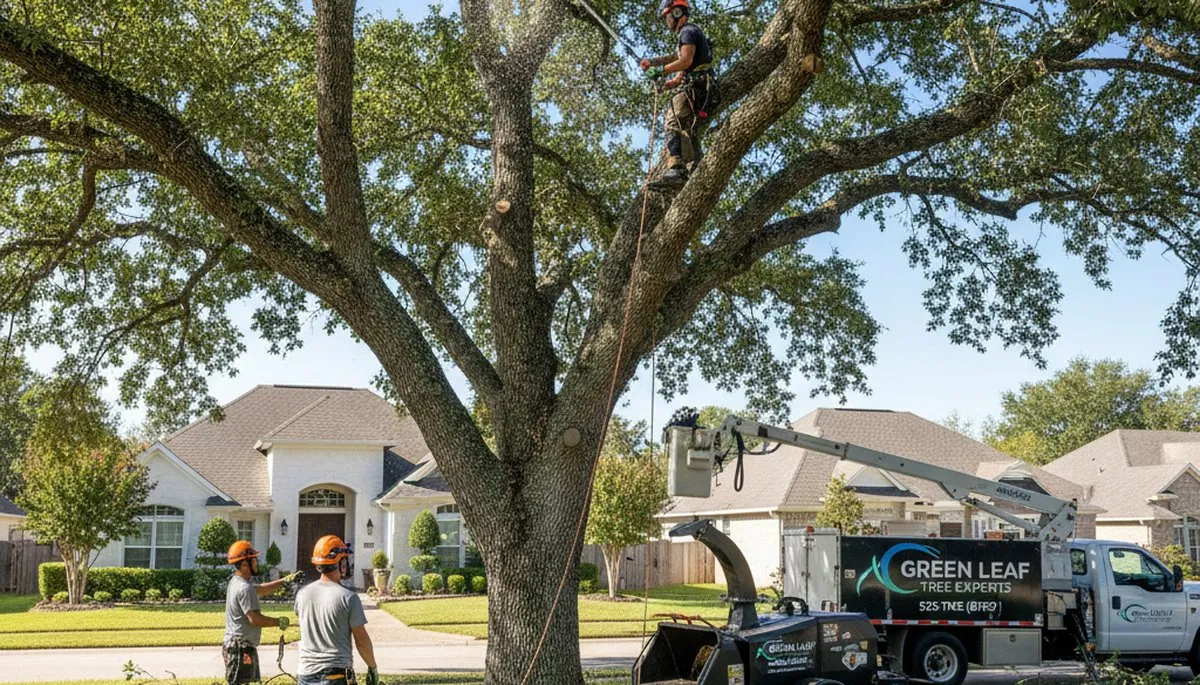 Arborist trimming oak tree branches in Dayton, OH for professional tree care service