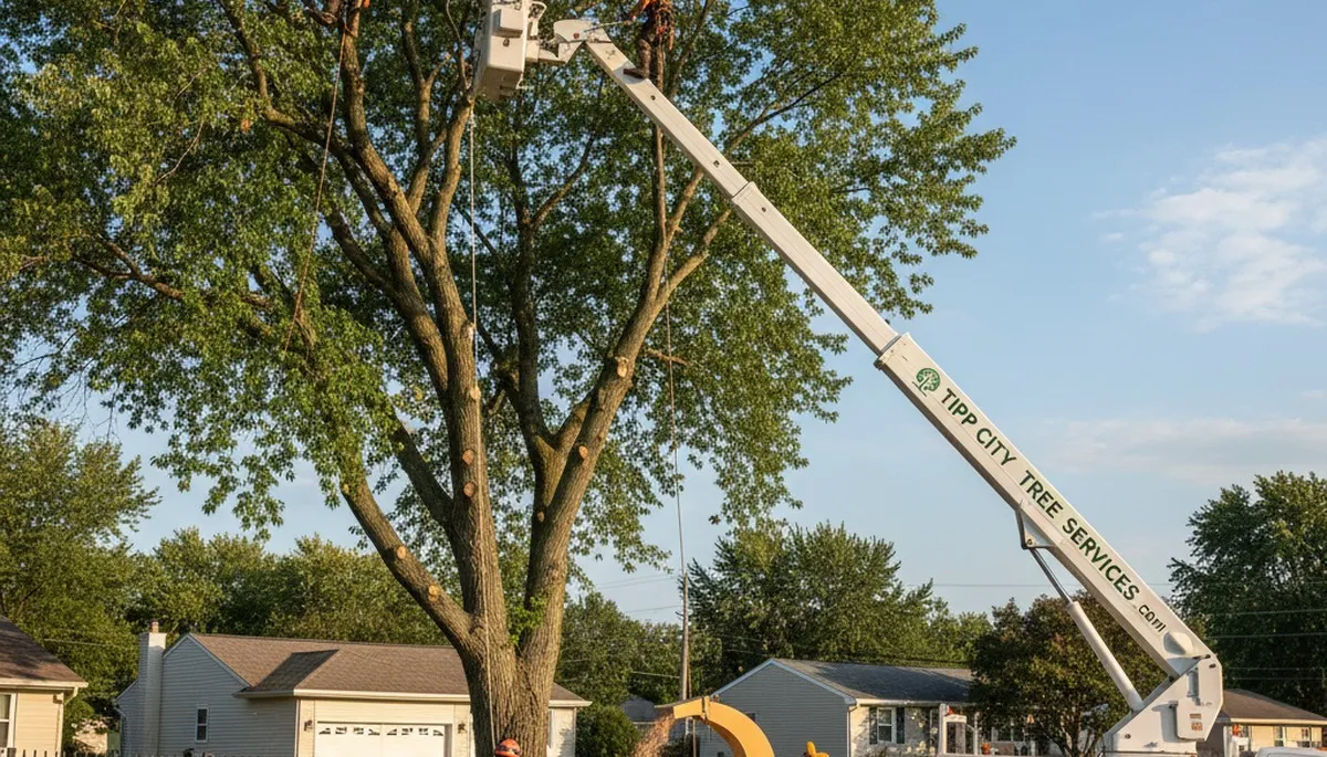 Professional tree removal service in Dayton, OH safely cutting down large oak tree