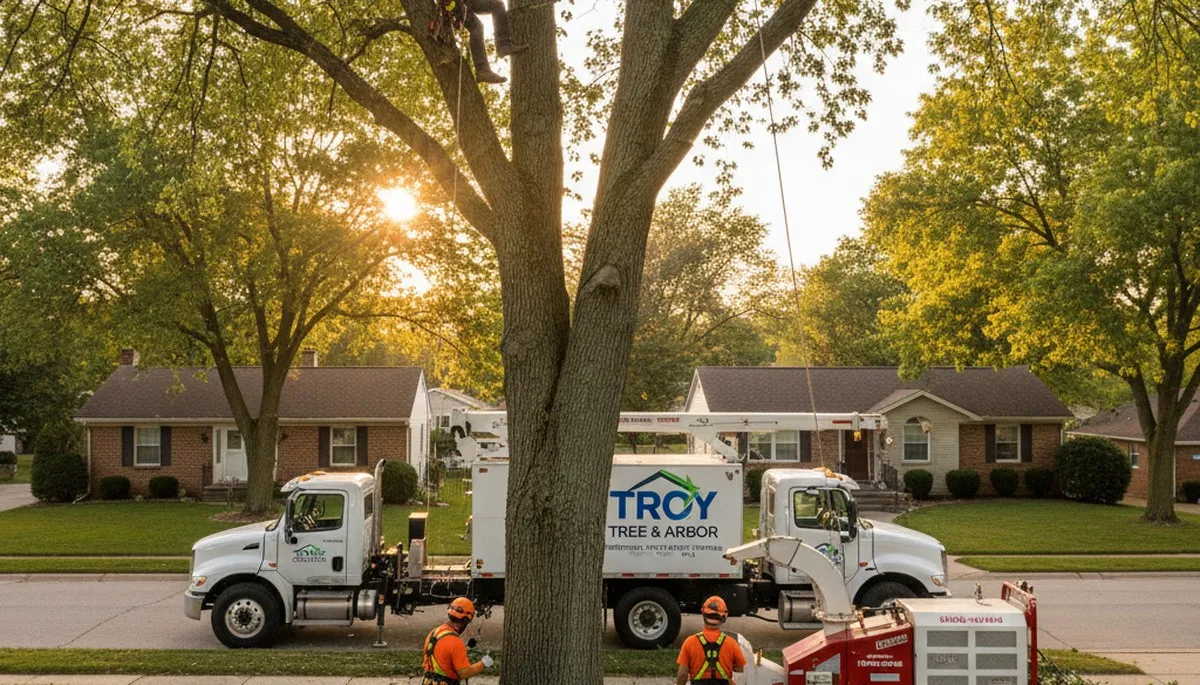 Professional tree removal service in Dayton, OH safely cutting and clearing large backyard oak tree